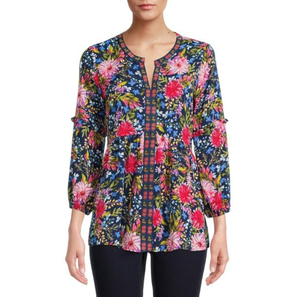 XL NWT The Pioneer Woman Sheer 3/4 sleeve blouse Blue Floral